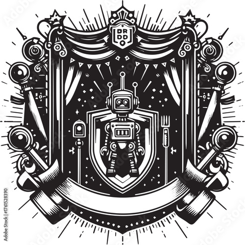 Illustration of a stylized robot within a heraldic crest, featur