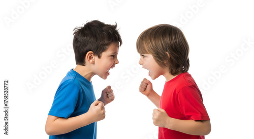Two young boys facing each other with angry expressions, symbolizing conflict and disagreement in childhood
