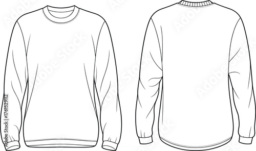 Long sleeve crewneck sweatshirt technical flat sketch, front and back view, fashion CAD drawing, vector illustration, apparel design template