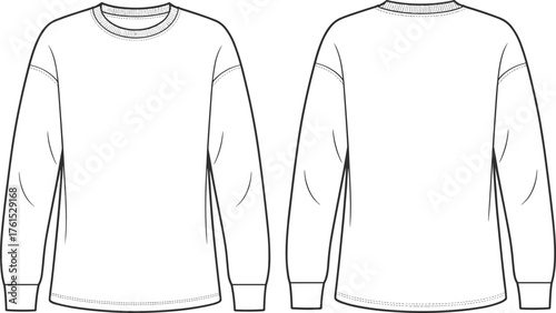 Long sleeve crew neck sweatshirt technical sketch, front and back view, ribbed cuffs and hem, CAD drawing, vector illustration