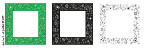 Christmas square frame with snowflakes. Black, white and colorful empty border for winter holidays