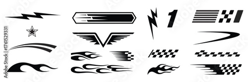 Racing Cars and Stripes Collection with Checkered Flag, Motocross Labels, Dynamic Lines, Motorsport Speed, Sport Decals, and Tuning Stickers – Perfect for Racing Graphics