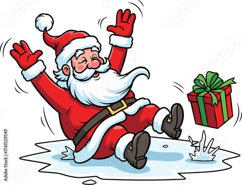 Funny cartoon Santa Claus slipping on ice with falling Christmas gift box, festive holiday illustration full of humor and joy