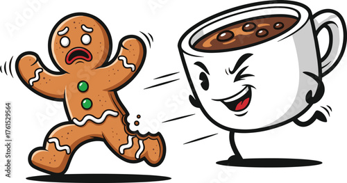 Funny gingerbread man running from hot chocolate cup, cute Christmas cartoon illustration perfect for festive cards and holiday humor designs