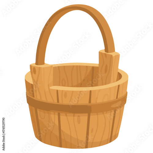 wooden bucket with handle traditional vintage flat color vector illustration template design