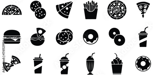 Fast Food Icons, Set Of Burger Pizza Fries And Snack Symbols For Restaurant Design Project Management And Menu Creation Applications

