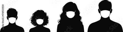 Masked people silhouette vector, public health safety illustration, diverse face mask character design, cad drawing flat vector illustration