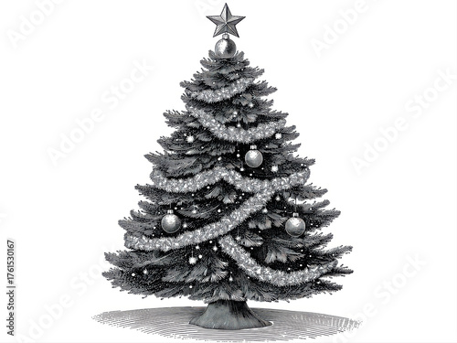 Festive Christmas Tree with Silver Ornaments and Star Topper