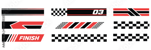 Racing Cars and Race Car Stripes Set Featuring Checkered Flag, Motocross Labels, Dynamic Lines, Motorsport Themes, Racing Stripe Speed, Sport Decals, and Tuning Stickers for Design