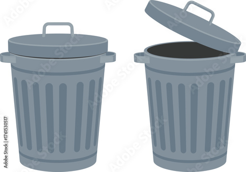 Metal trash can vector, open and closed garbage bin, sanitation container illustration, waste management icon, flat design, cad drawing flat vector illustration