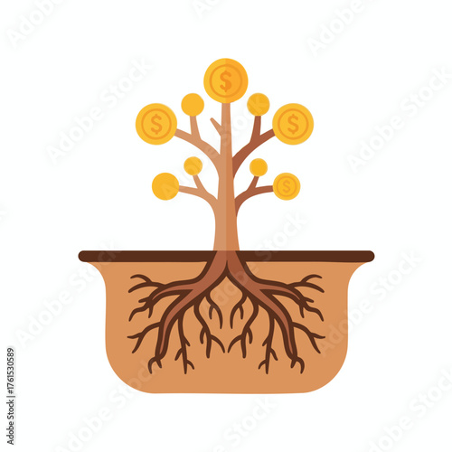 A stylized of a tree with gold coins as fruit and visible roots.