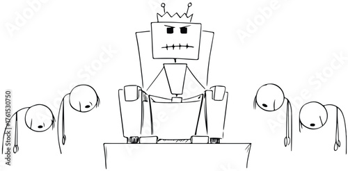 Robot King Icon, Standing On Throne With Bowing Figures For AI Leadership Automation And Future Technology Design Project Applications

