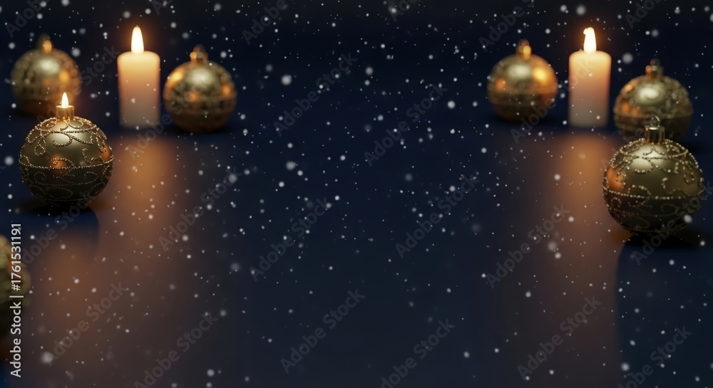 Fototapeta premium Festive golden ornaments and lit candles arranged symmetrically on a dark blue background with falling snow.