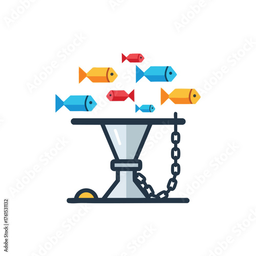 Abstract of fish swimming around a chained hourglass.