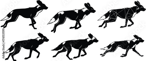 Collection of african wild dog silhouettes in walking motion, wildlife illustration, endangered species artwork, safari animal study, cad drawing flat vector illustration