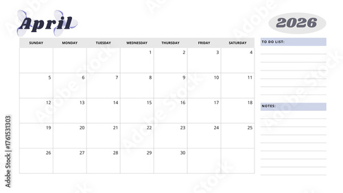 Minimalist Simple 2026 Monthly Calendar -  Minimalist Simple April 2026 Monthly Calendar