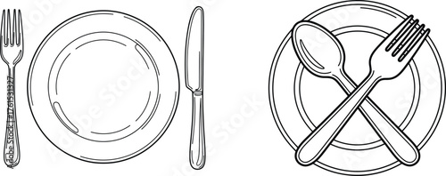 Dinner plates cutlery set icon | line art illustration for simple coloring book