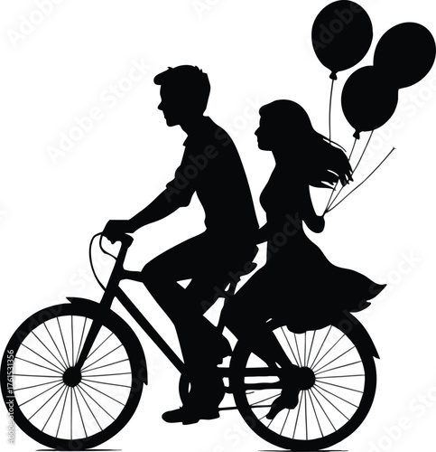 Couple riding a bicycle with balloons enjoying a romantic