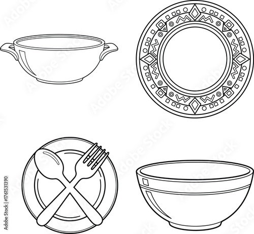 Four simple line drawings of tableware | line art illustration for simple coloring book