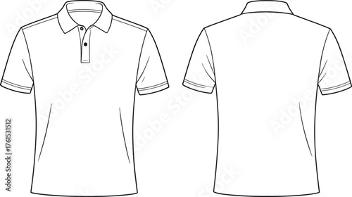 Short sleeve polo shirt technical flat sketch, front and back view, button placket, fashion CAD drawing, vector illustration, garment template
