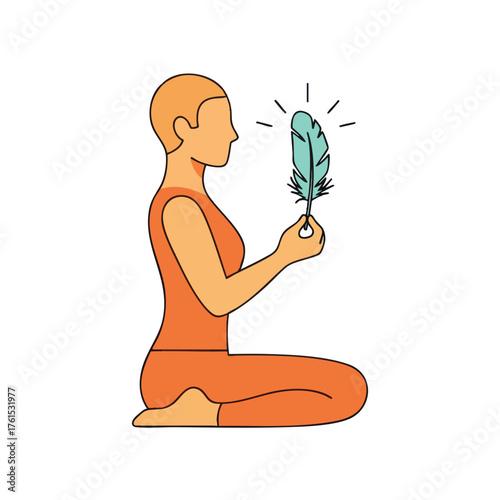 Person meditating with a feather.