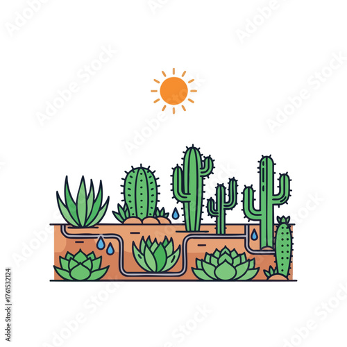 Stylized desert plants with a sun overhead and drops of water.