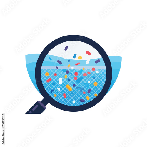 Magnifying glass examining colorful microplastics in water.