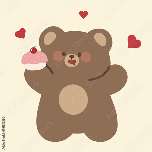A little brown bear drooling while holding a dessert cake