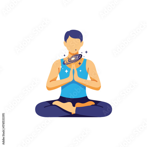 Person meditating with a galaxy and stars above them.