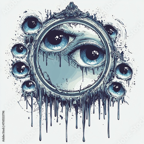 Dark artistic concept of spooky melting skulls in an ornate vintage frame, a surreal and macabre horror illustration isolated on a white background