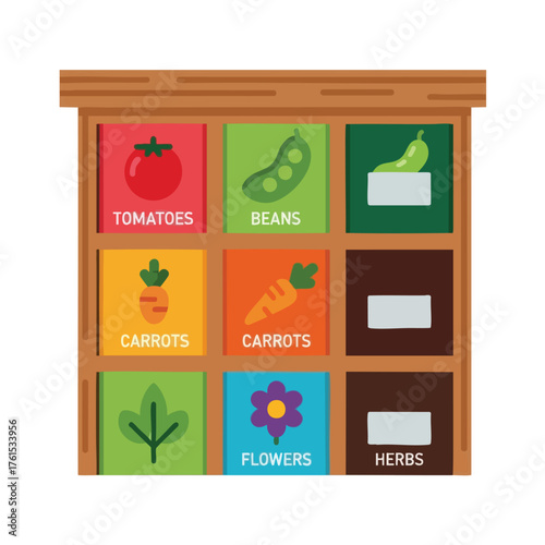 Flat design of a pantry with labeled compartments for vegetables and herbs.