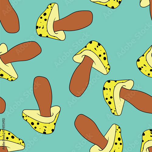 Seamless pattern with mushrooms. Hand drawn vector illustration. Vegan food menu. Poisonous and edible mushroom. Autumn mushroom picking, forest plant sketches.