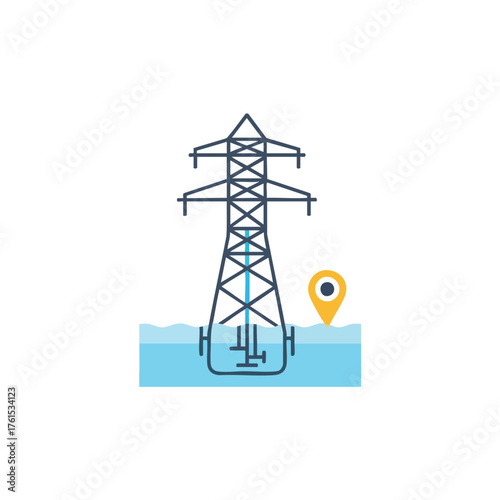 Power pylon standing in water with a location pin icon.