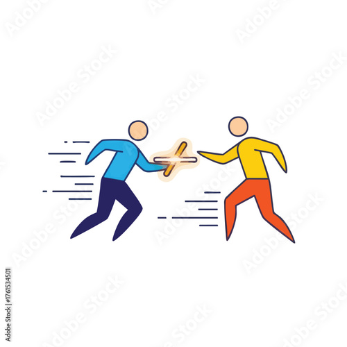 Two stylized figures in a relay race passing a baton.