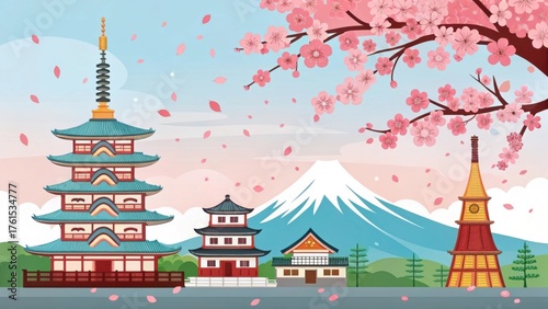 Wallpaper Mural Serene japanese pagodas cherry blossoms and mount fuji scenery Torontodigital.ca