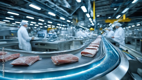 An automated meat processing line at a contemporary food industry, sparkling stainless steel equipment, with employees wearing white coats and hairnets keeping an eye on things