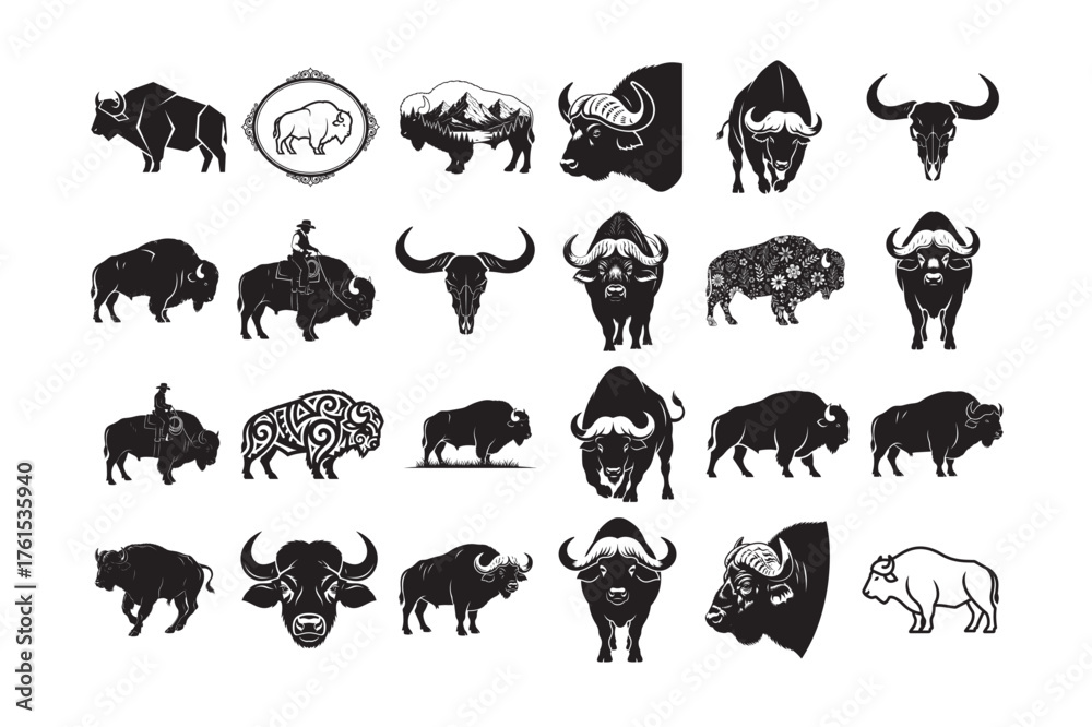 Fototapeta premium .24 Buffalo Silhouette Vector Bundle. Wild Animal SVG.