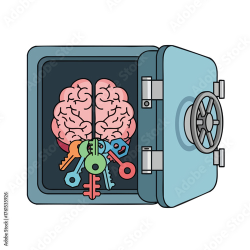 A brain and keys are stored inside an open safe.
