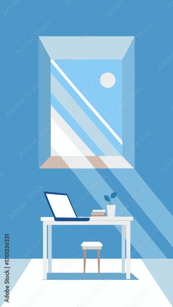 Obraz premium Minimalist home office desk with laptop and plant by a window with sunlight