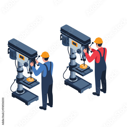 Two workers operating drill press machines in a workshop setting.