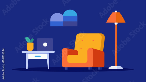 Cozy modern living room scene with armchair laptop and floor lamp