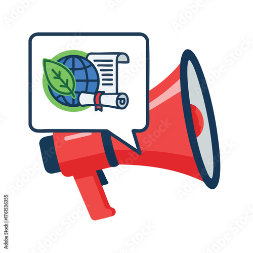 Megaphone announces earth and leaf symbol with a scroll.