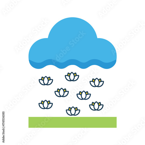 Stylized cloud raining lotus flowers with a green ground line.