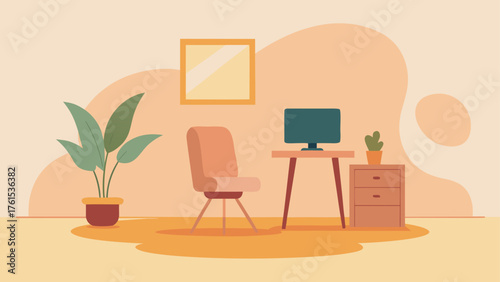 Cozy minimalist home office with computer and plant