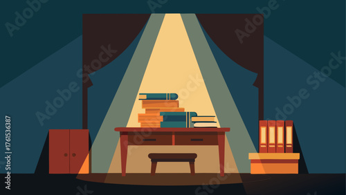 Desk with stack of books under spotlight on stage with curtains