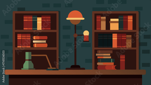 Cozy library scene with bookshelves and desk lamp