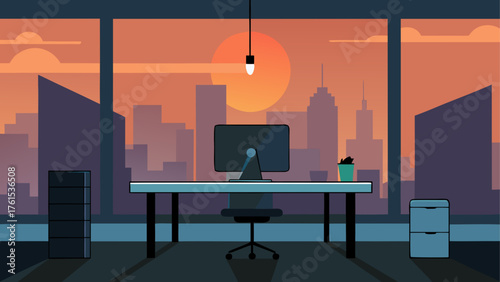 Modern office desk with computer and city skyline at sunset