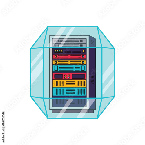 A server rack secured within a protective crystalline structure.