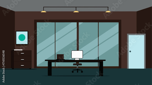 Modern office interior with desk computer and large windows