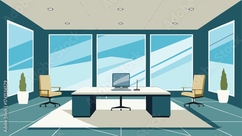 Modern office interior with large windows and desk with computer